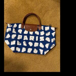 Longchamp x Vahram Muratyan Le Pliage blue medium short handle bag